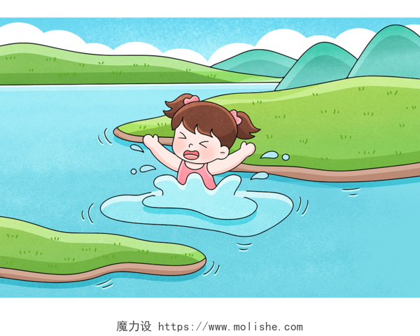 卡通漫画人物儿童游泳防溺水安全宣传教育插画PNG素材元素